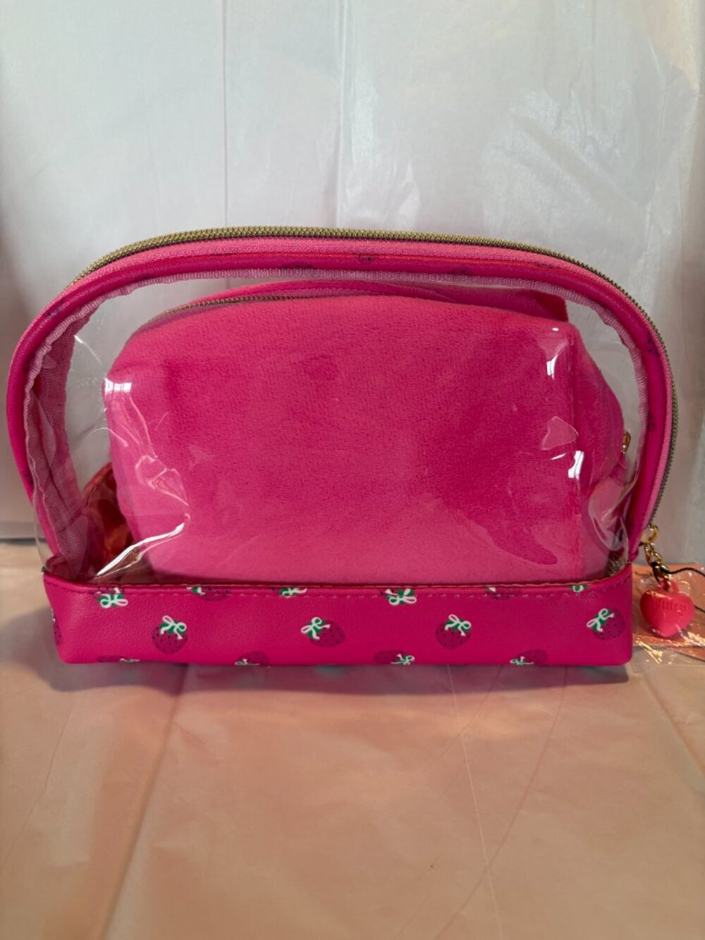 Juicy Couture Cosmetic Bag Set Pink Terry Juicy Rhinestone Travel - Picture 3 of 5